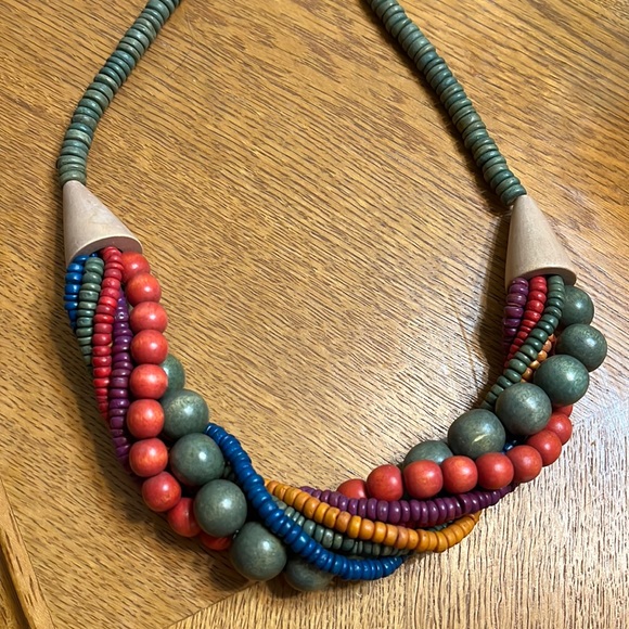Vintage Multicolor Chunky Wood Bead Multi Strand - Picture 2 of 3